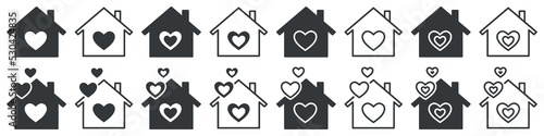 Set of heart in house icons. Love home symbol. Family, real estate, house with heart shape icons. Vector.