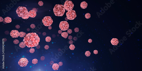 Polio virus particles with their viral capsid proteins. Poliomyelitis is a disease caused by the Poliovirus. CGI conceptual illustration on dark background photo