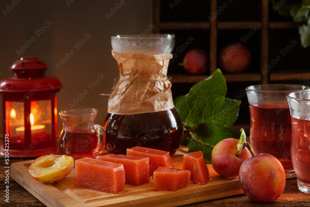 Homemade plum marmalade. Vegan food, local produce. Close-up, selective focus Homemade plum marmalade. Vegan food, local produce. Close-up, selective focus