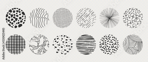 Set of round abstract hand drawn doodle shapes. Backgrounds in the form of a circle of spots, lines, splashes, curves, stripes and dots.