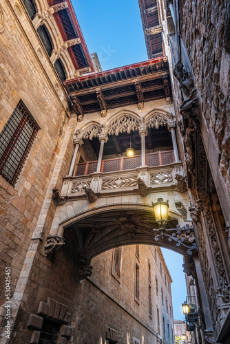 Bishop's Bridge at dusk, Gothic Quarter, Barcelona Spain. photo