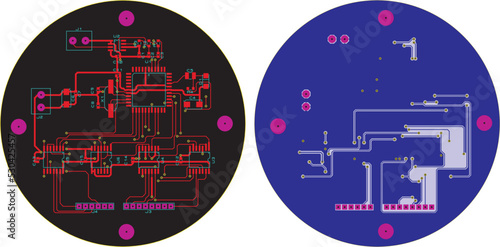 Tracing the conductors of a round multilayer printed circuit board Vector drawing of printed tracks, transition holes, contact pads and copper metallization areas Silkscreen printing, assembly drawing