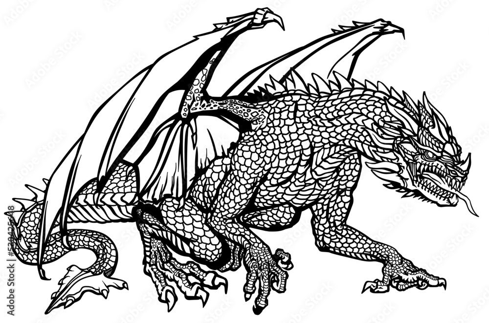 Western Dragon. Classic European mythological creature with bat-type wings. Sitting pose. Black and white. Graphic style vector illustration Western Dragon. Classic European mythological creature with bat-type wings. Sitting pose. Black and white. Graphic style vector illustration