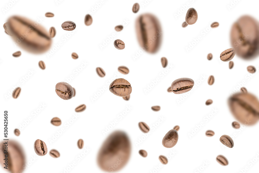 Coffee beans falling background. Black espresso coffee bean flying. Aromatic grain fall isolated on white. Represent breakfast for energy and freshness concept. Coffee beans falling background. Black espresso coffee bean flying. Aromatic grain fall isolated on white. Represent breakfast for energy and freshness concept.