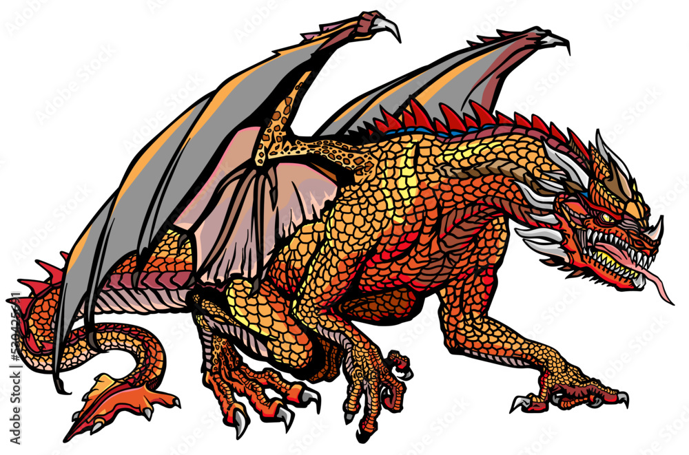 Western Dragon. Classic European mythological creature with bat-type wings. Sitting pose. Graphic style isolated vector illustration Western Dragon. Classic European mythological creature with bat-type wings. Sitting pose. Graphic style isolated vector illustration