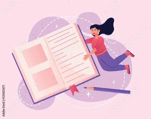 International literacy day. Young girl with big book. Student preparing for test or exam. Literature, reading, selfdevelopment. Search for information and knowledge. Cartoon flat vector illustration