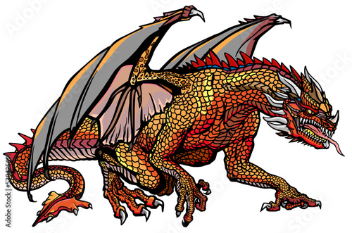 Western Dragon. Classic European mythological creature with bat-type wings. Sitting pose. Graphic style isolated vector illustration © insima