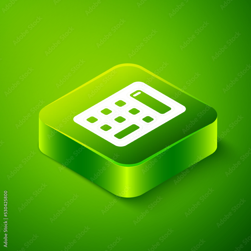 Isometric Calculator icon isolated on green background. Accounting symbol. Business calculations mathematics education and finance. Green square button. Vector Isometric Calculator icon isolated on green background. Accounting symbol. Business calculations mathematics education and finance. Green square button. Vector