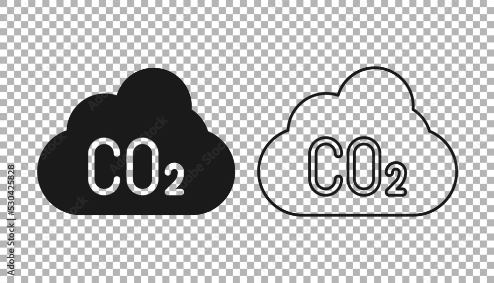 Black CO2 emissions in cloud icon isolated on transparent background. Carbon dioxide formula, smog pollution concept, environment concept. Vector Black CO2 emissions in cloud icon isolated on transparent background. Carbon dioxide formula, smog pollution concept, environment concept. Vector