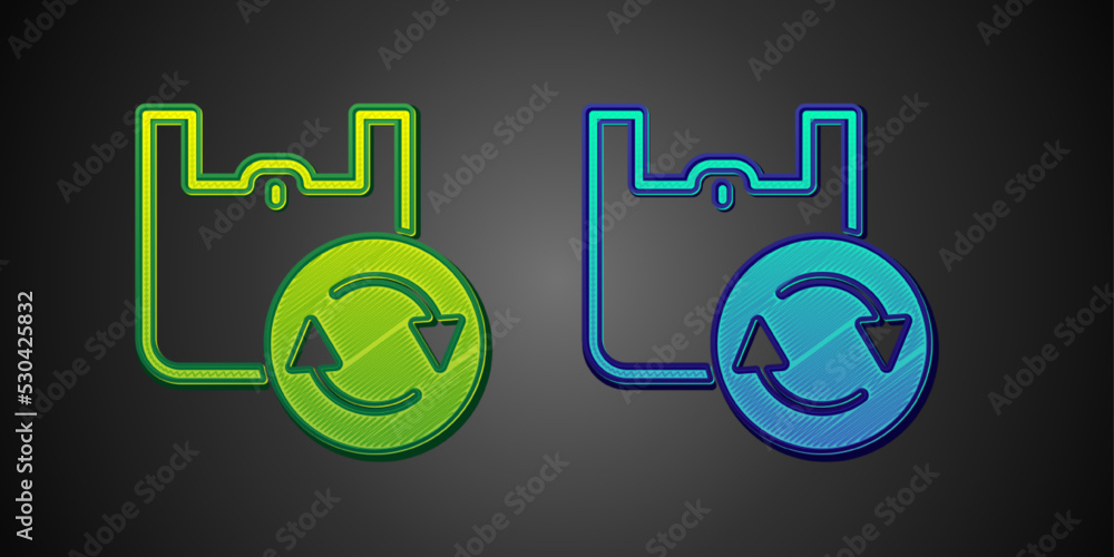 Green and blue Paper shopping bag with recycle icon isolated on black background. Bag with recycling symbol. Vector Green and blue Paper shopping bag with recycle icon isolated on black background. Bag with recycling symbol. Vector