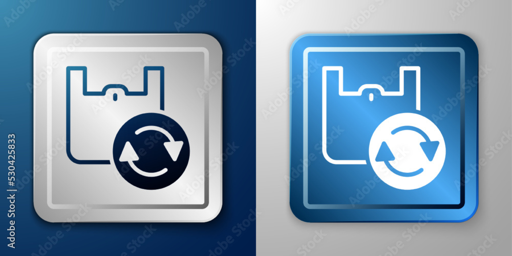 White Paper shopping bag with recycle icon isolated on blue and grey background. Bag with recycling symbol. Silver and blue square button. Vector White Paper shopping bag with recycle icon isolated on blue and grey background. Bag with recycling symbol. Silver and blue square button. Vector