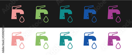 Set Water tap icon isolated on black and white background. Vector