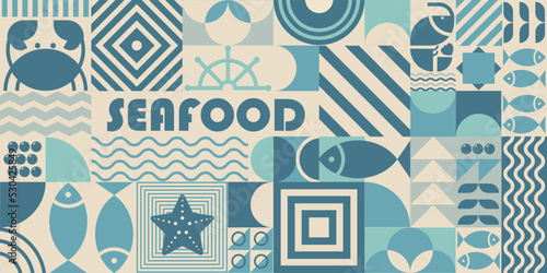 Seafood background in Bauhaus style. Geometric poster with abstract geometry Bauhaus swiss. Fish, crab, shrimp, caviar in futuristic minimal shapes, forms