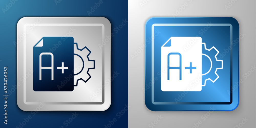 White Exam sheet with A plus grade icon isolated on blue and grey background. Test paper, exam, or survey concept. School test or exam. Silver and blue square button. Vector White Exam sheet with A plus grade icon isolated on blue and grey background. Test paper, exam, or survey concept. School test or exam. Silver and blue square button. Vector