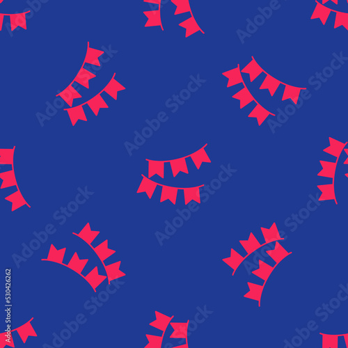 Red Carnival garland with flags icon isolated seamless pattern on blue background. Party pennants for birthday celebration, festival decoration. Vector