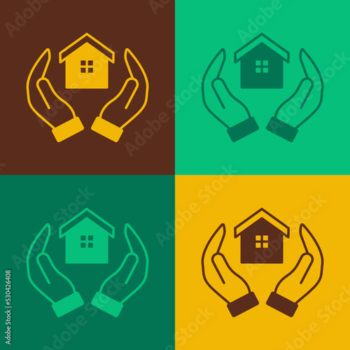 Pop art House in hand icon isolated on color background. Insurance concept. Security, safety, protection, protect concept. Vector