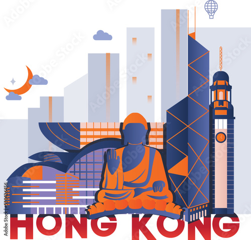 Typography word “Hong Kong” branding technology concept. Collection of flat vector web icons. Chines culture travel set, famous architectures and specialties detailed silhouette. Asian famous landmark