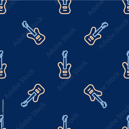 Line Electric bass guitar icon isolated seamless pattern on blue background. Vector