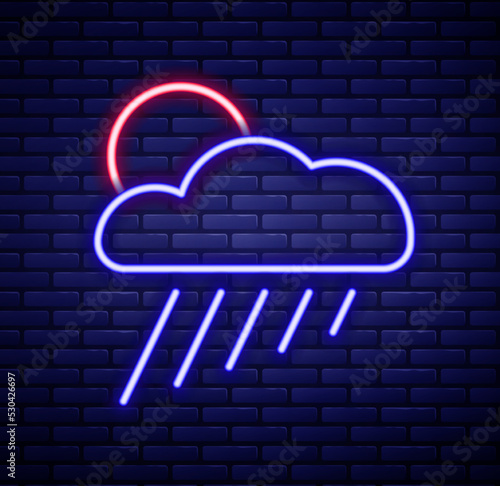 Glowing neon line Cloud with rain and sun icon isolated on brick wall background. Rain cloud precipitation with rain drops. Colorful outline concept. Vector