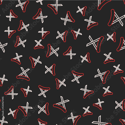 Line Fishing harpoon icon isolated seamless pattern on black background. Fishery manufacturers for catching fish under water. Diving underwater equipment. Vector
