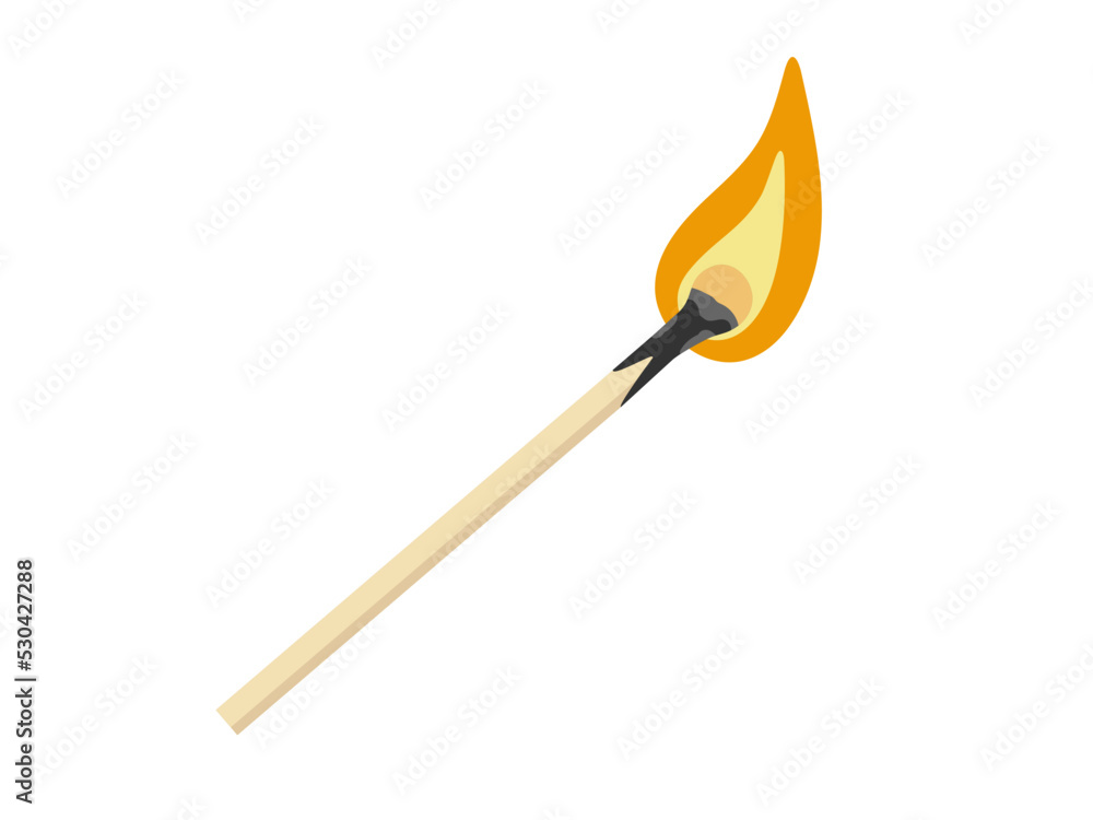 Lit match stick burning with fire flame isolated on white background. Wooden match. Match with fire. Flat vector illustration. Design element For cards, posters, decor, logo, web Lit match stick burning with fire flame isolated on white background. Wooden match. Match with fire. Flat vector illustration. Design element For cards, posters, decor, logo, web