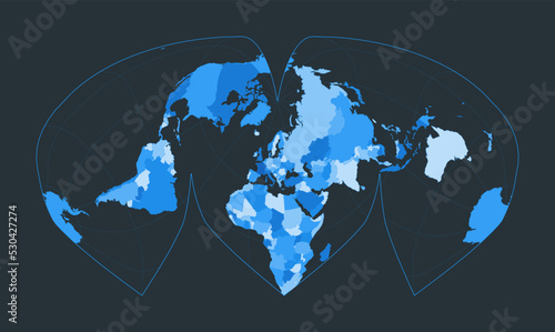 World Map. Alan K. Philbrick's interrupted sinu-Mollweide projection. Futuristic world illustration for your infographic. Nice blue color palette. Modern vector illustration.