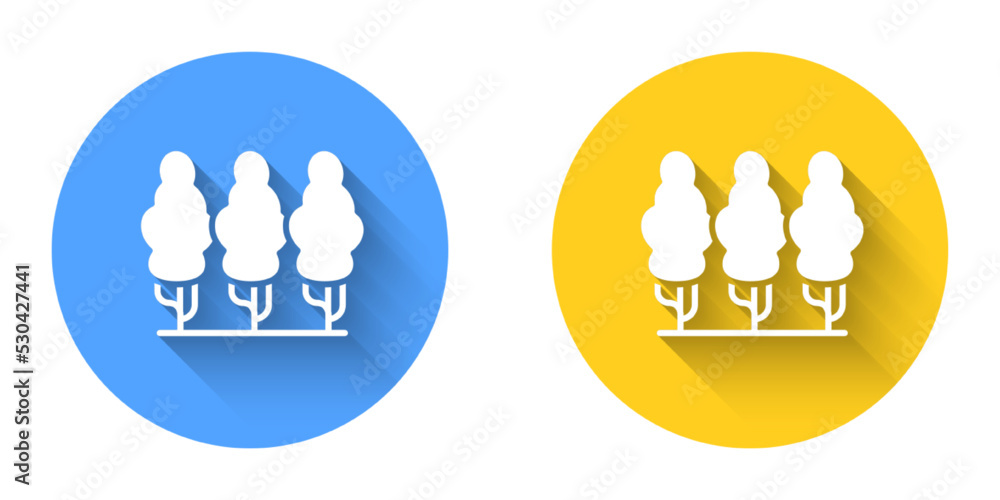 White Fruit trees icon isolated with long shadow background. Agricultural plant. Organic farm product. Fruit garden. Gardening theme. Circle button. Vector White Fruit trees icon isolated with long shadow background. Agricultural plant. Organic farm product. Fruit garden. Gardening theme. Circle button. Vector