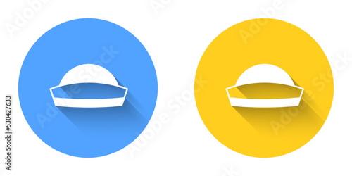 White Sailor hat icon isolated with long shadow background. Circle button. Vector
