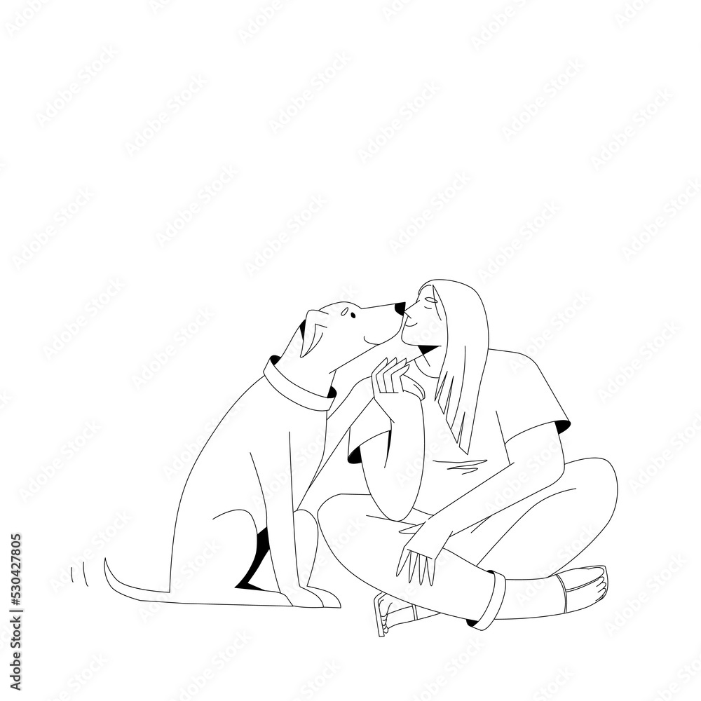 Fototapeta premium A woman holds a pet by the paw and kisses.
