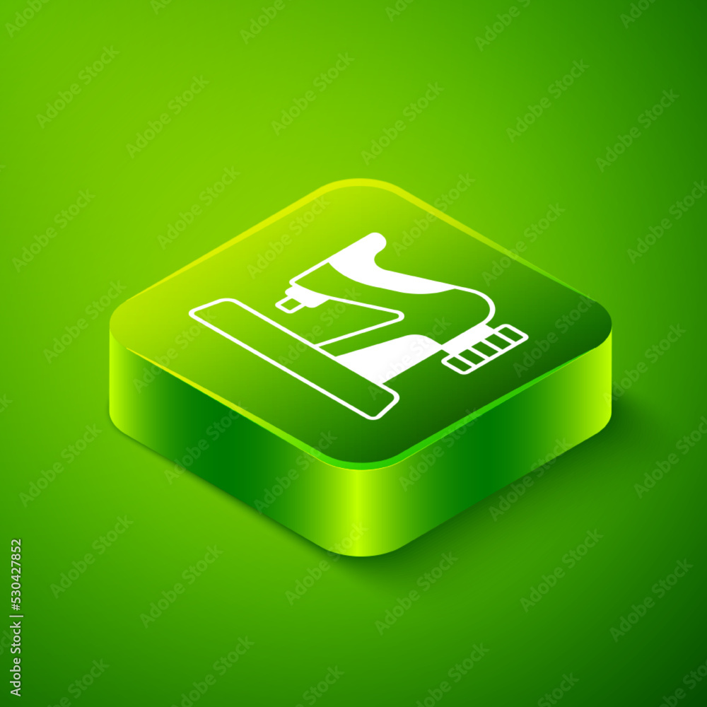 Isometric Sewing machine icon isolated on green background. Green square button. Vector