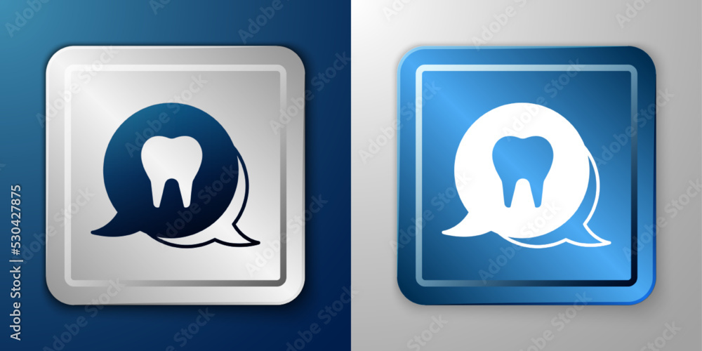 White Tooth icon isolated on blue and grey background. Tooth symbol for dentistry clinic or dentist medical center and toothpaste package. Silver and blue square button. Vector White Tooth icon isolated on blue and grey background. Tooth symbol for dentistry clinic or dentist medical center and toothpaste package. Silver and blue square button. Vector
