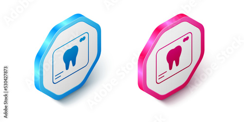 Isometric X-ray of tooth icon isolated on white background. Dental x-ray. Radiology image. Hexagon button. Vector