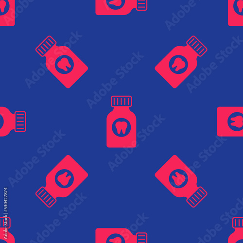 Red Toothache painkiller tablet icon isolated seamless pattern on blue background. Tooth care medicine. Capsule pill and drug. Pharmacy design. Vector