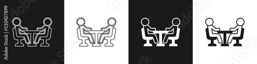 Set Meeting icon isolated on black and white background. Business team meeting, discussion concept, analysis, content strategy. Presentation conference. Vector