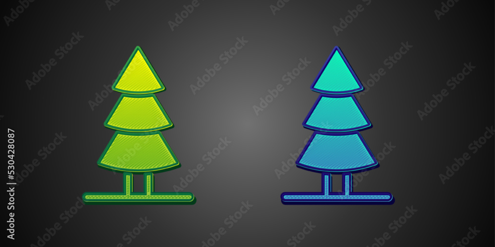 Obraz premium Green and blue Christmas tree icon isolated on black background. Merry Christmas and Happy New Year. Vector