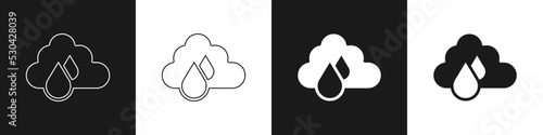 Set Cloud with rain icon isolated on black and white background. Rain cloud precipitation with rain drops. Vector