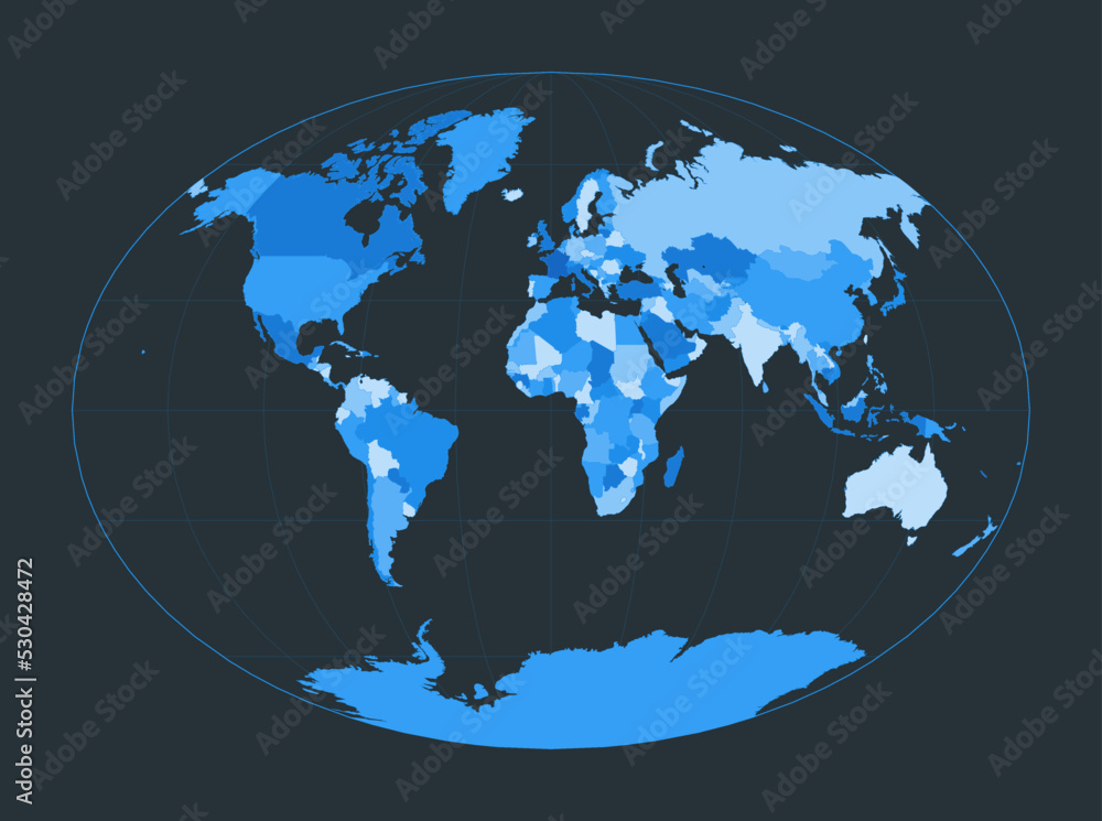 World Map. Fahey pseudocylindrical projection. Futuristic world illustration for your infographic. Nice blue colors palette. Classy vector illustration.