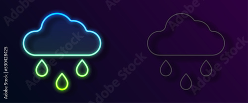 Glowing neon line Cloud with rain icon isolated on black background. Rain cloud precipitation with rain drops. Vector