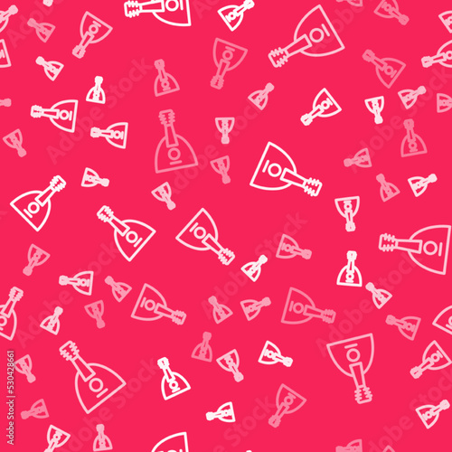 White line Musical instrument balalaika icon isolated seamless pattern on red background. Vector