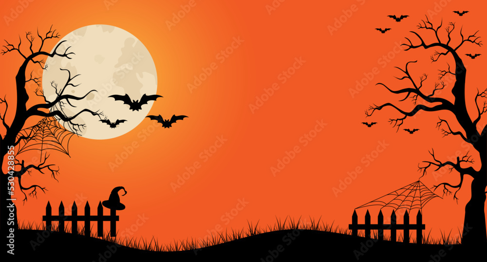 Halloween background. The full moon and bats on a orange background. Night sky.Halloween design. Vector illustration