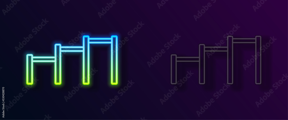 Obraz premium Glowing neon line Sport horizontal bar icon isolated on black background. Vector