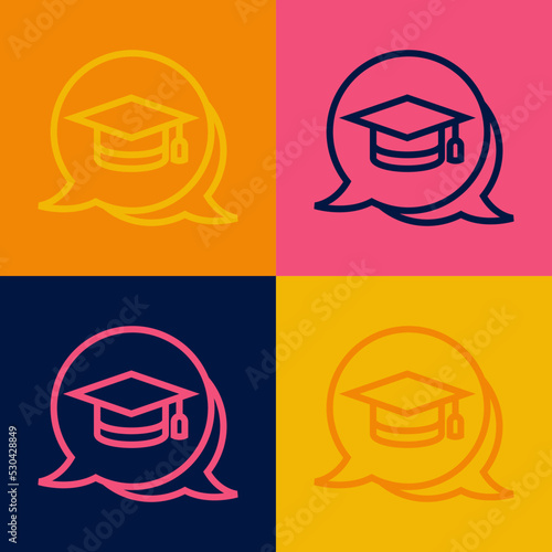 Pop art line Graduation cap in speech bubble icon isolated on color background. Graduation hat with tassel icon. Vector