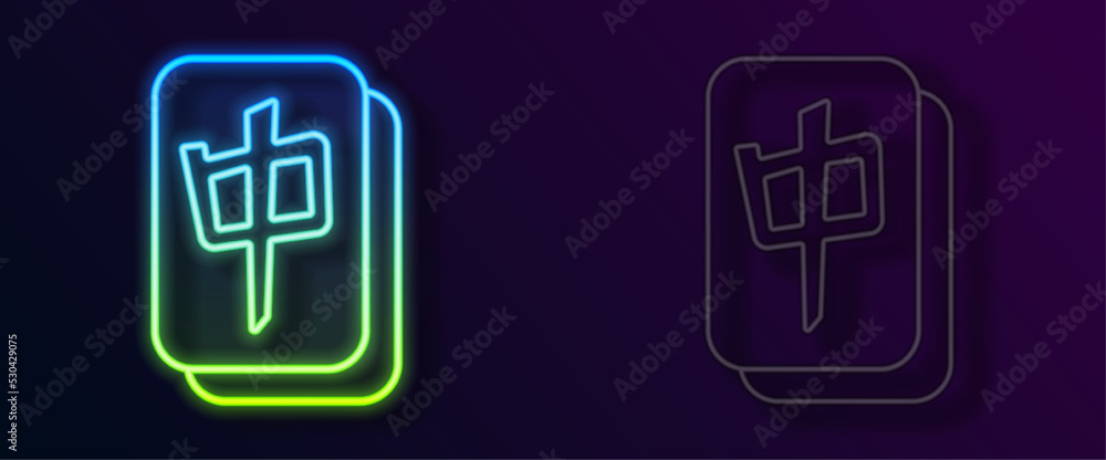 Glowing neon line Mahjong pieces icon isolated on black background. Chinese mahjong red dragon game emoji. Vector Glowing neon line Mahjong pieces icon isolated on black background. Chinese mahjong red dragon game emoji. Vector