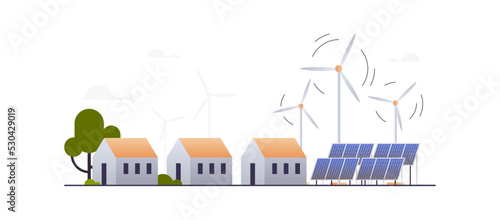 Green city center with private houses and solar energy panels, windmills, eco town renewable energy ecology concept.