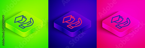 Isometric line Education grant icon isolated on green, blue and pink background. Tuition fee, financial education, budget fund, scholarship program, graduation hat. Square button. Vector