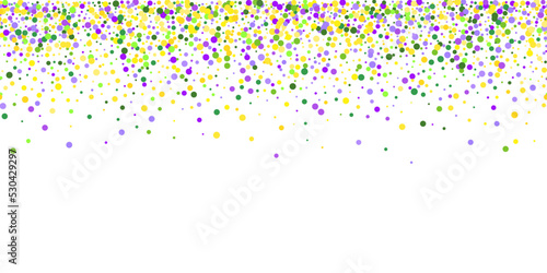 Seamless horizontal pattern beautiful scattered yellow, green, purple confetti on white background. Venetian carnival Mardi Gras party. Great for horizontal posters, header for website. Vector