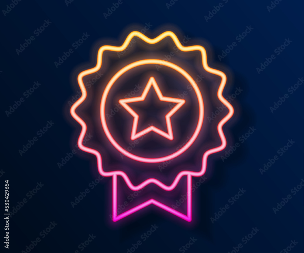 Glowing neon line Medal with star icon isolated on black background. Winner achievement sign. Award medal. Vector Glowing neon line Medal with star icon isolated on black background. Winner achievement sign. Award medal. Vector