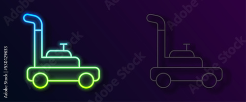 Glowing neon line Lawn mower icon isolated on black background. Lawn mower cutting grass. Vector