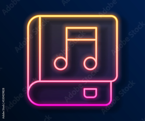 Glowing neon line Audio book icon isolated on black background. Musical note with book. Audio guide sign. Online learning concept. Vector