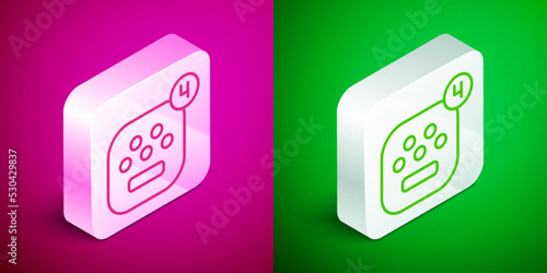 Isometric line Taxi mobile app icon isolated on pink and green background. Mobile application taxi. Silver square button. Vector